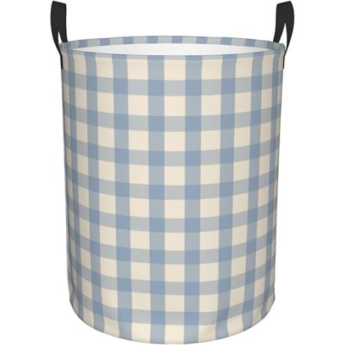 Large Laundry Basket with Handles - Vintage Blue Gingham Print Baby Kids Nursery Dirty Clothes Laundry Hamper for Bedroom Aesthetic