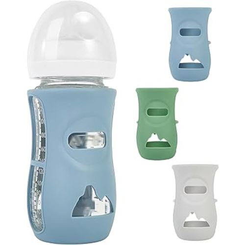 3 Pack Silicone Sleeves for Avent Natural Glass Baby Bottles, Protection and Insulation, Baby Bottle Sleeve Compatible with Avent Glass Bottles 8 oz, Dishwasher Safe (Blue+Green+Grey)