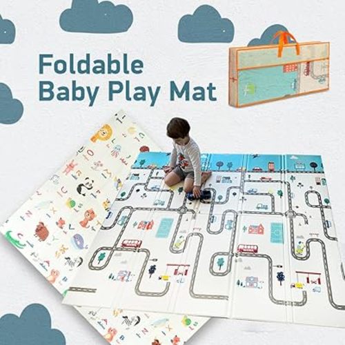 Foldable Baby Play Mat, Extra Large, Non-Toxic, Waterproof Activity Playmats for Babies, Education for Infant, Non-Slip Double Sided (79”x71” 0.4in Milky) Boys and Girls