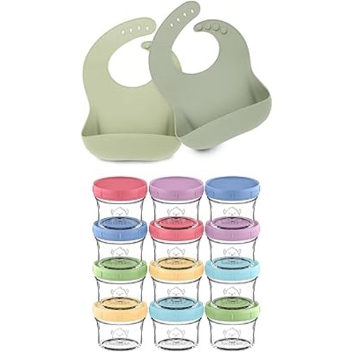 KeaBabies 2-Pack Baby Silicone Bibs and 12-Pack Baby Food Glass Containers - Waterproof, Easy Wipe Silicone Bib for Babies, Toddlers - 4 oz Leak-Proof, Microwavable, Baby Food Storage Container