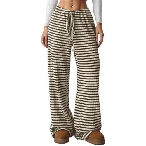 Wowcarbazole Women's Wide Leg Pants Striped Elastic High Waisted Casual Knit Palazzo Pants Drawstring Lounge Pajama Trousers