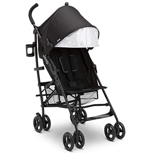 Jeep PowerGlyde Plus Stroller by Delta Children - Lightweight Travel Stroller with Smoothest Ride, Aluminum Frame, 4-Position Recline, Extra Large Storage Basket, Black