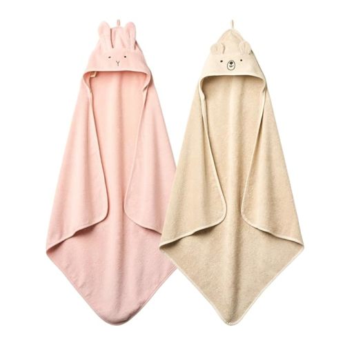 Hooded Baby Towels – 100% Organic Cotton Baby Bath Towels – Baby Girl Newborn Essentials - Super-Soft and Absorbent. (2-Pack Rabbit Blush and Bear Fog)