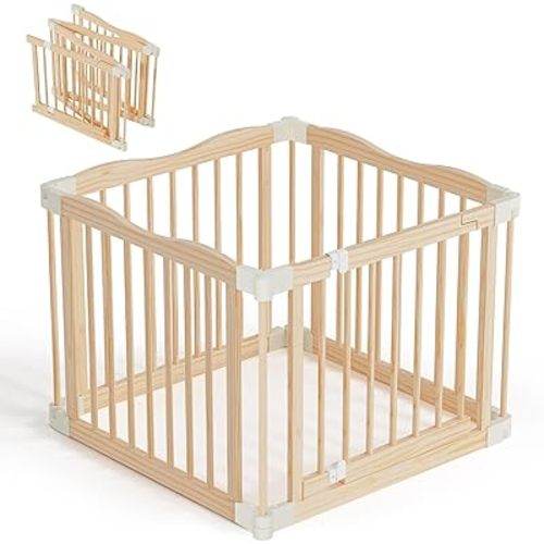 Foldable Wooden Playpen - Adjustable Wood Baby Play Yard with Child-Proof Lock, Indoor Large Safety Fence for Babies and Toddlers - Easy Assembly, 4 Panels