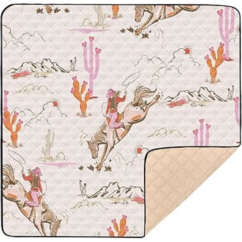 Cute Rodeo Cowgirl Baby Play Mat 50x50 Inch One-Piece Soft Crawling Mat Waterproof Playmat with Non-Slip Bottom for Babies, Toddlers, and Infants