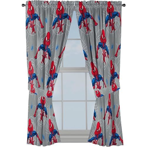 Jay Franco Window Curtains for Kids Bedroom 4-Piece Drape Set with 2 Tiebacks, Grey - Spiderman, 42" W x 63" L (Pack of 2)