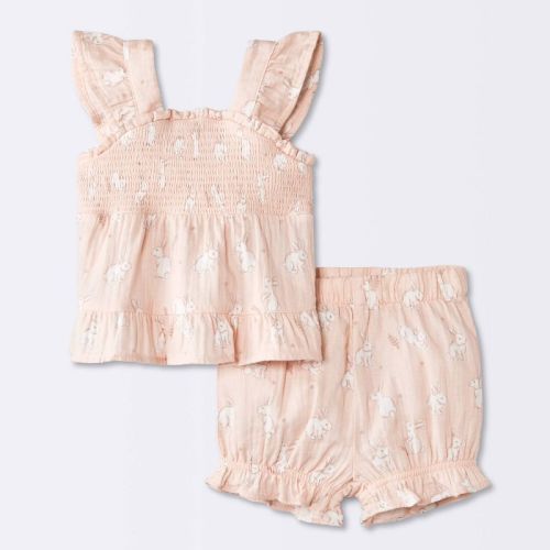 Baby Girls' 2pc Bunny Graphic Smocked Tank Top and Shorts Set - Cloud Island™ Tan 12M