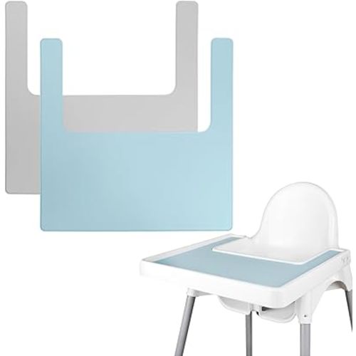 High Chair Placemat, Long Lasting High Chair Placemat Silicone, 2-Piece Set, Can Be Used Interchangeably, Suitable for IKEA Antilop Highchai, for Toddlers and Babies (Blue/Light Grey)