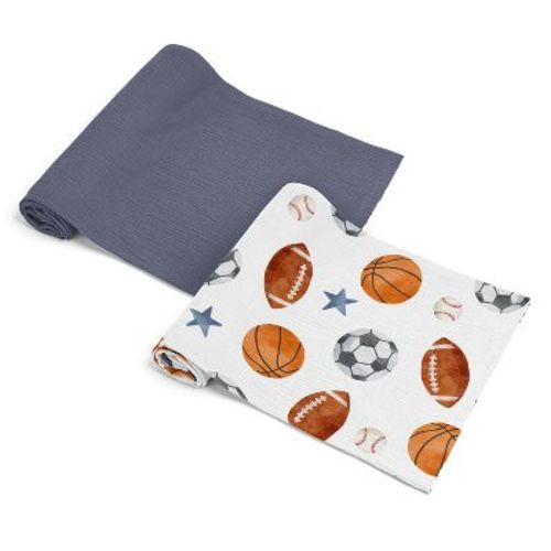 Sweet Jojo Designs Baby Boy Muslin 100% Cotton Swaddle Blankets Set Watercolor Sports Theme Blue Brown and Orange 2pc