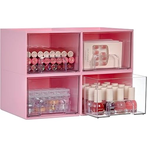 Vtopmart 4Pack Stackable Storage Drawers, 4.4'' Tall Bathroom Makeup Organizer,Plastic Storage Bins For Vanity, Undersink, Kitchen Cabinet, Pantry, Home Organization(Pink)