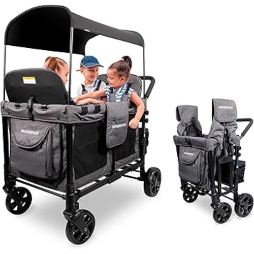 WONDERFOLD W4 Original Stroller Wagon (4 Seater) - Collapsible Wagon Stroller with Seats with 5-Point Harnesses, Easy Access Zipper Door, and Removable Sun Canopy, Gray