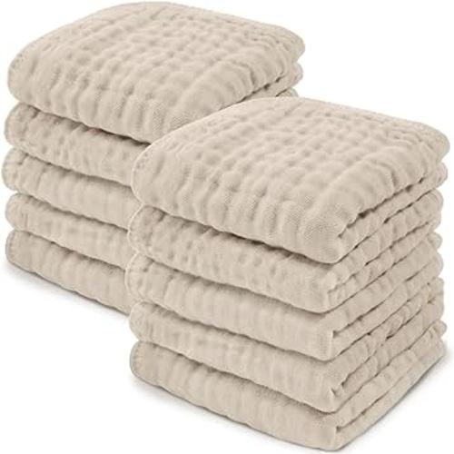 Comfy Cubs Muslin Baby Washcloths 10 Pack - Soft 6-Layer Cotton Wash Cloths for Sensitive Skin - 10"x10" Large, Gentle, Absorbent Infant Essentials for Newborn and Toddlers - Sand