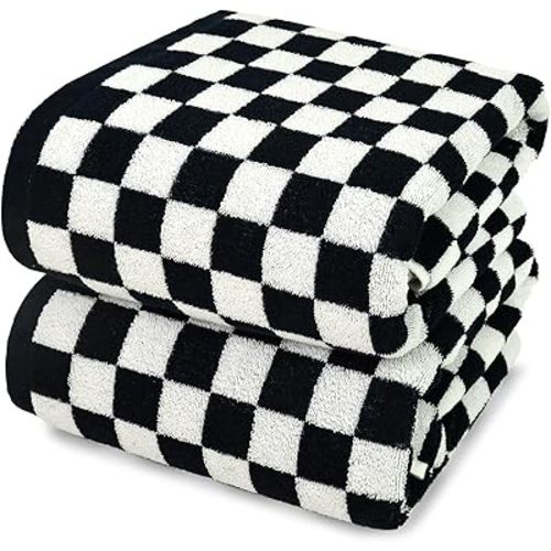 Jacquotha Black & White Checkered Cotton Bath Towels Set of 2 - Cute Aesthetic Towels for Bathroom Decor, Pool, Beach, Spa, 27.5" x 55"