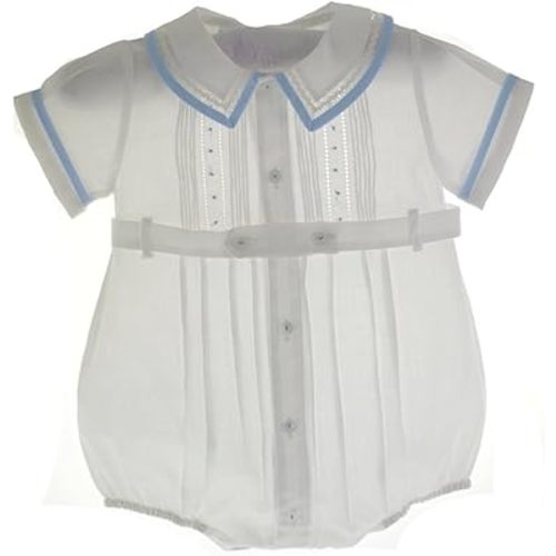 Feltman Brothers Baby Boys White Belted Bubble Outfit with Blue Trim 6M