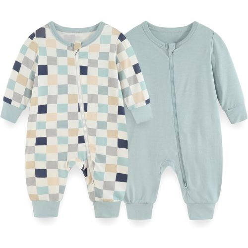 JELYLOVE Unisex Rayon Bamboo Zipper Baby Boy Girl Rompers 2 Pcak Long Sleeve Infants Jumpsuits Soft Comfort New Born Clothes - Green