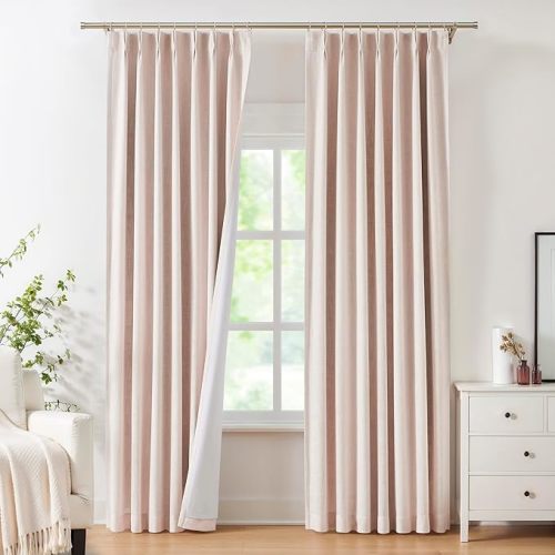 Central Park Pinch Pleat Full Blackout Curtain Panel Linen Texture Thermal Insulated Drapery with Full Blackout Liner for Farmhouse Bedroom Window Treatment Sets with Hooks, Pink, 40"x108"x2