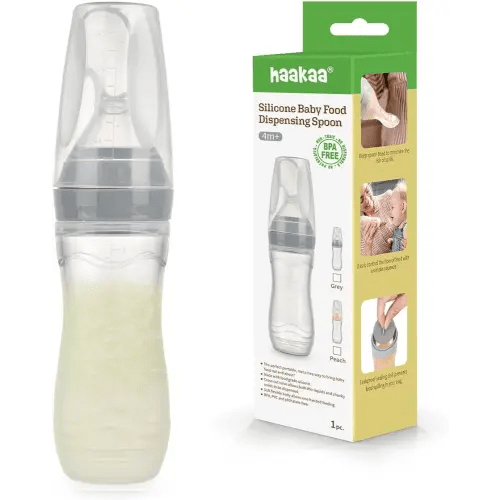 Haakaa Silicone Baby Food Dispensing Spoon Feeder 4oz - Infant Squeeze Cereal Feeder, Baby Fresh Food Feeder, Feed Bottle for Puree, Solid Baby Food, BPA Free, 4m+ Babies – Grey