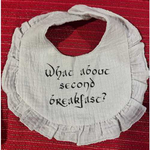 What About Second Breakfast? - Soft Ruffle Baby Bib with Funny or Cute Phrase and Snap Closure, Baby Girl, LOTR