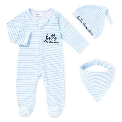 ZOELNIC Newborn Infant Baby Boy Coming Homing Clothes Letter Print Button Knit Footed Romper Jumpsuit Hat Bibs 3pcs Outfit