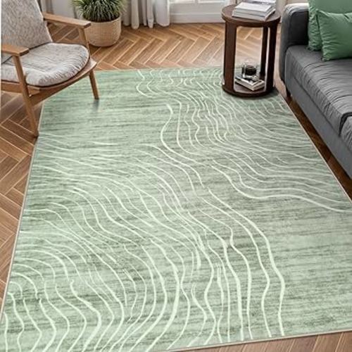 5x7 Sage Green Modern Abstract Area Rugs for Living Room, Washable Rugs for Nursery Bedroom, Non-Slip Minimalist Neutral Wave Striped Rugs for Playroom Boys, Throw Accent Rug Carpet for Dining Room