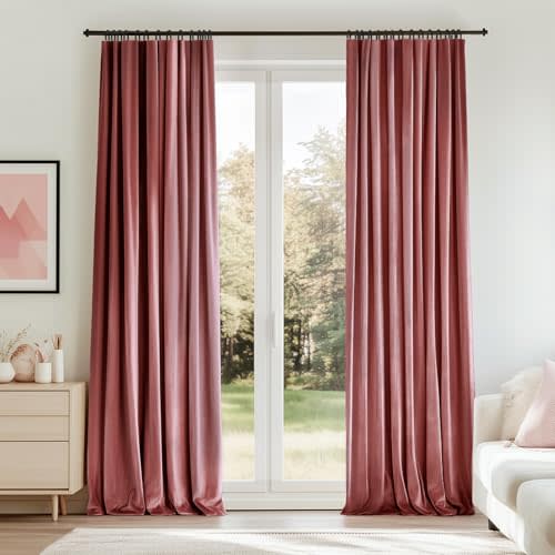 Topfinel Dusty Rose Velvet Blackout Curtains 84 Inches Long, Dusty Pink Room Darkening Insulated Valentines Back Tab Cute Girls Nursery Aesthetic Soundproof Curtains for Living Room Bedroom 7 FT