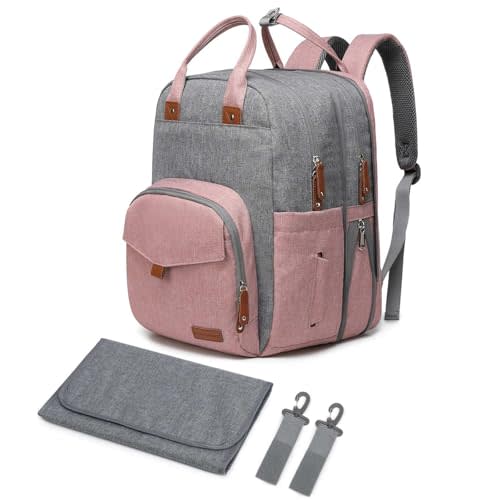 Qualyphant Extra Large Diaper Bag Backpack for Two Kids Twins - Expandable Baby Bag (26-36L), Dual Big Compartments - Includes Changing Pad & Stroller Straps, Unisex Pink Grey