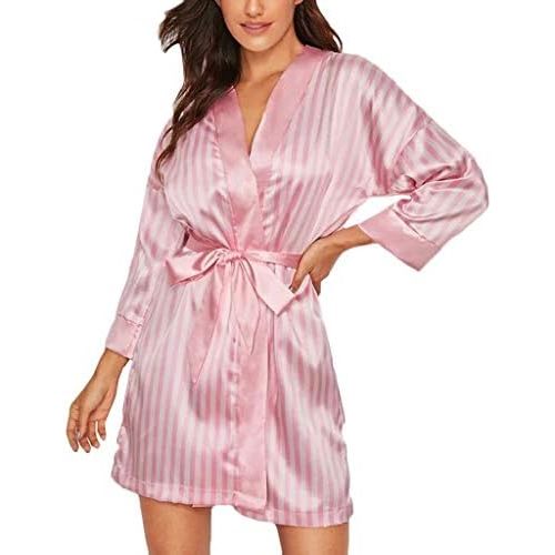 Womens Dressing Gown Satin Kimono Robe Ladies Silk Stripe for Bride Bridesmaids