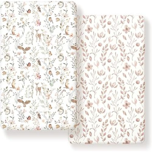 GRSSDER Stretch Ultra Soft Jersey Knit Fitted Crib Sheets Set 2 Pack,Fit All Standard Crib Mattress Pads Safe and Snug, Crib Fitted Sheet for Girls, Beautiful Blush Pink Floral and Cute Animals Print