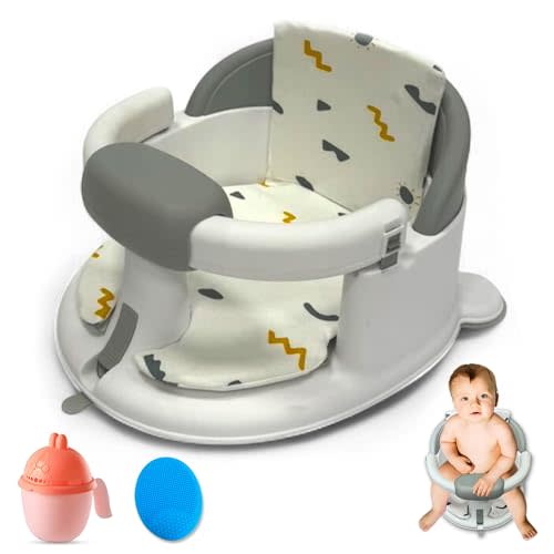 BEBECAN Non-Slip Baby Bath Seats 6-12 Months, Toddler Bathtub Chair with Washable Cusion, Cap Brush & Shower Mug, Infant Chair Comfortable Baby Bath Support for Safe Bathing & Sit Up Bathtub Support