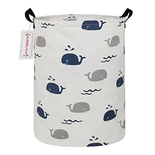 QUEENLALA Large Storage Basket,Laundry Hamper/Bathroom/Home Decor/Collapsible Round Storage Bin,Boys and Girls Hamper/Boxes/Clothing(Round-Blue Cute Whale)