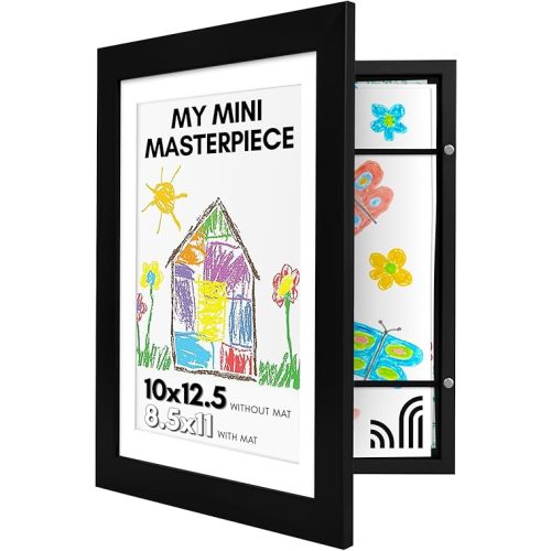 Americanflat 10x12.5 Kids Art Frame - Front Loading Picture Frame Holds 100 Artworks - Use as 8.5x11 Frame with Mat or 10x12.5 Frame Without Mat - My Mini Masterpiece - Black