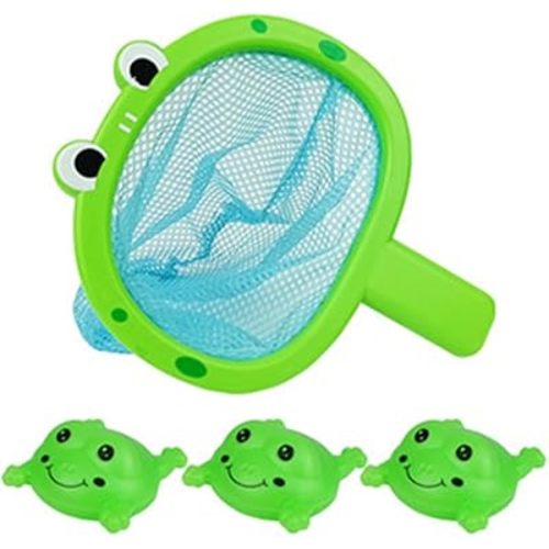 Baby Bath Toys 1 Pcs Frog Animals Fishing Net with 3 Pcs Water Floating Sea Animals Frog Toys, Bathroom Pool Water Floating Accessory Duck Crab Frog Fishing Play Set for Toddlers