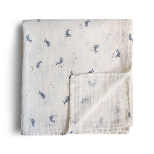 Mushie Organic Cotton Muslin Swaddle Blanket -whales