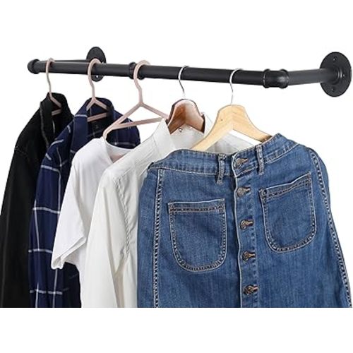 WEBI Clothing Rack Wall Mount,24" Industrial Pipe Clothes Rack for Hanging Clothes,Heavy Duty Iron Garment Rack Bar,Retail Display Clothes Rod for Closet,Laundry Room,Black