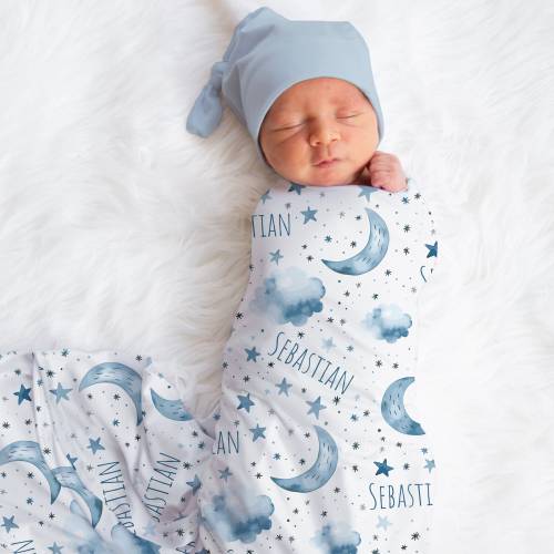 Moon Name Swaddle, Custom Moon and Stars Boy Name Blanket, Personalized Boy Swaddle, New Mom Gift, Newborn Gift, Ocean Baby Shower Gift