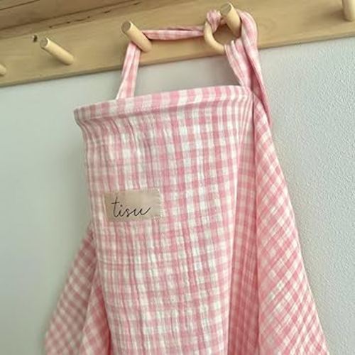 Nursing Cover for Baby Breastfeeding & Pumping | Multi Use Car Seat Stroller Cover | Breathable Soft Muslin Cotton | Breast Feeding Apron & Shawl by TISU (Pink Gingham)