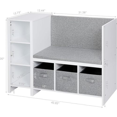 UTEX Kids Reading Nook Bench with Bookshelf, Kids Bookcase and Storage Organizer with Seat Cushion, Reading Bench with Bins for Bedroom & Entryway, White