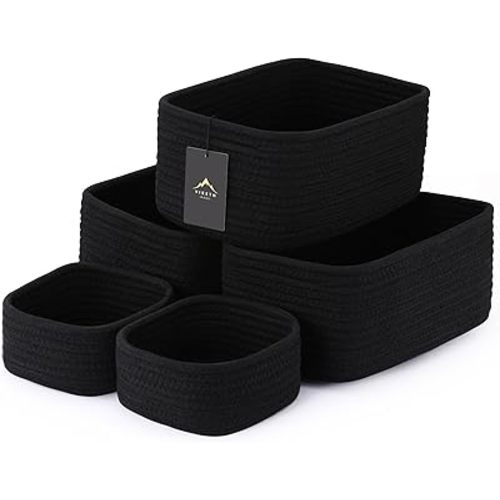 5-Pack Small Woven Rope Storage Baskets – 2 Sizes Organizer Bins for Closet, Shelf, Bookshelf, Nursery, Changing Table, Fabric Cube Boxes, Rectangular Shallow Bins for Bathroom, Toy & Home