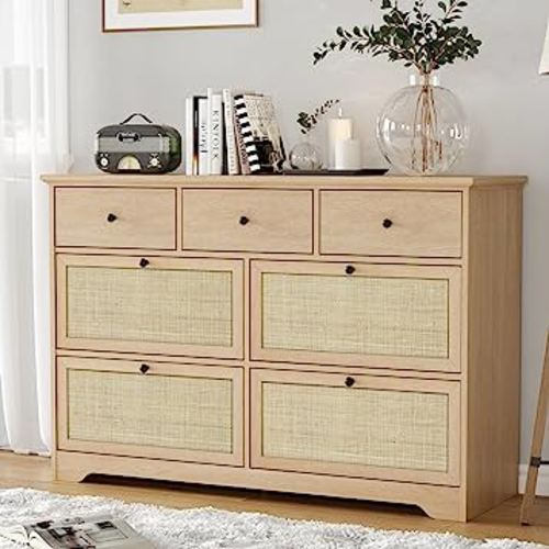 Brafab Mid-Century Natural Rattan Dresser with 7 Drawers, Elegant Cane Dresser for Bedroom Wooden, Modern Boho Long Dressers Drawer Dresser TV Stand with Sturdy Stand for Living Room, Nursery