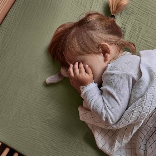 Mini Crib Sheets – Organic Cotton Muslin Fitted Crib Sheet – Fitted for Pack and Play 24" x 38" Ultra-Soft and Breathable (Blush/Sage Green)