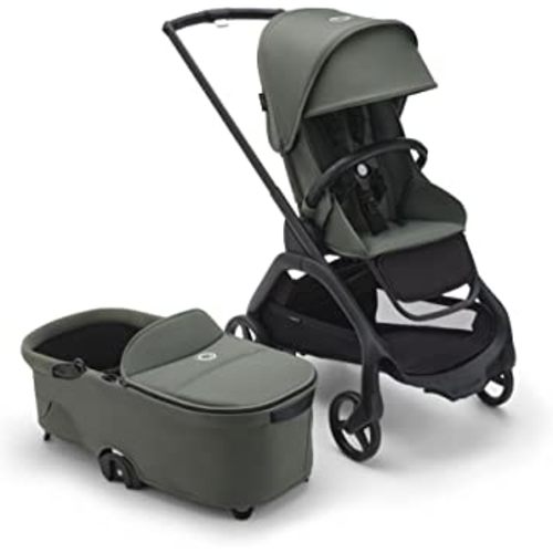 Bugaboo Dragonfly City Stroller with Full-Size Baby Bassinet and Toddler Seat, One Hand Easy Fold in Any Position, Full Suspension, Large Basket, Black Chassis and Forest Green Sun Canopy