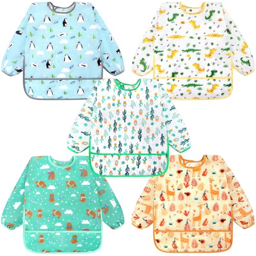 Accmor 5 Pack Long Sleeve Baby Bibs, Waterproof Sleeved Bib Smock for Baby Toddler 6-36 Months
