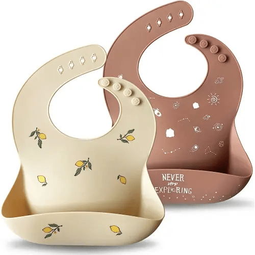 Moonkie Silicone Baby Bibs Set Of 2 | BPA Free Waterproof | Soft Durable Adjustable Silicone Bibs for Babies & Toddlers(Shifting Sand/Burlwood)