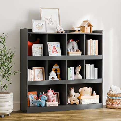 Cozy Castle Bookshelf, 3-Tier Open Bookshelf, 10 Cube Horizontal Bookcase, Storage Organizer with Anti-Tilt Device, Floor Standing Wood Bookcase for Home Office, Bedroom, Living Room, Black