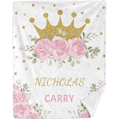 Personalized Baby Blanket for Girls Floral Crown Custom Baby Blankets with Name Dotted Backing Customized Gifts for New Mom Customize Baby Blanket for Kids Newborn Birthday