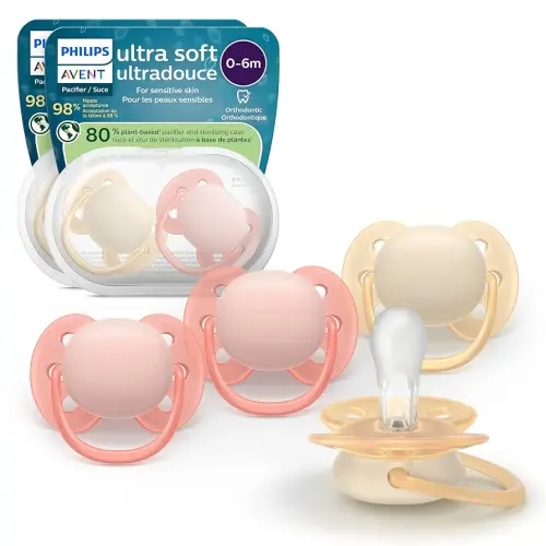 Philips Avent Ultra Soft Pacifiers - Orthodontic Design, for Babies 0-6 Months, Flexible Shield, Silicone Symmetrical Nipple, BPA-Free, 2 Sterilizing Cases, 4 Pack, SCF091/47