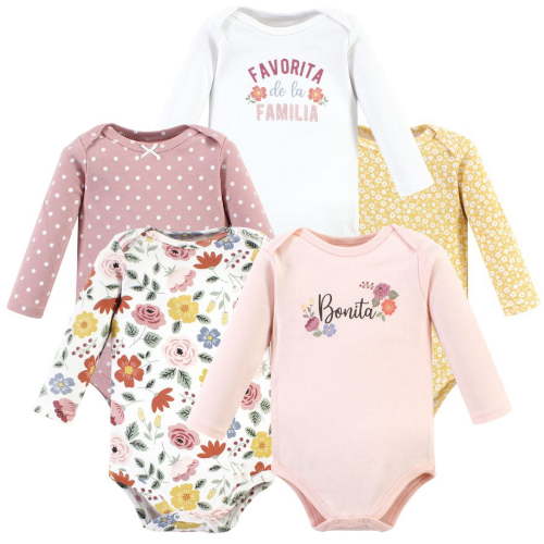 Hudson Baby Infant Girl Cotton Long-Sleeve Bodysuits, Bonita 5 Pack, Newborn