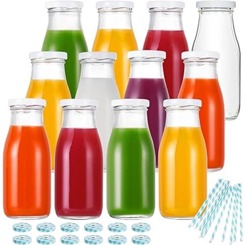 YEBODA 11oz Glass Milk Bottles with Reusable Metal Twist Lids and Straws for Beverage Glassware and Drinkware Parties, Weddings, BBQ, Picnics, Set of 12