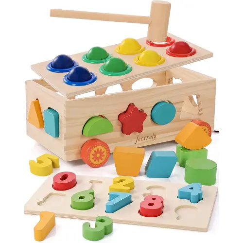 Shape Sorter - Wooden Pound A Ball and Montessori Number Puzzle Set for Babies - Educational Sorting Game with Storage Car for Toddlers