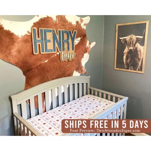 Western boy name sign, large wood name sign, nursery name sign, western nursery, above crib cut out, layered baby name sign, cut out sign
